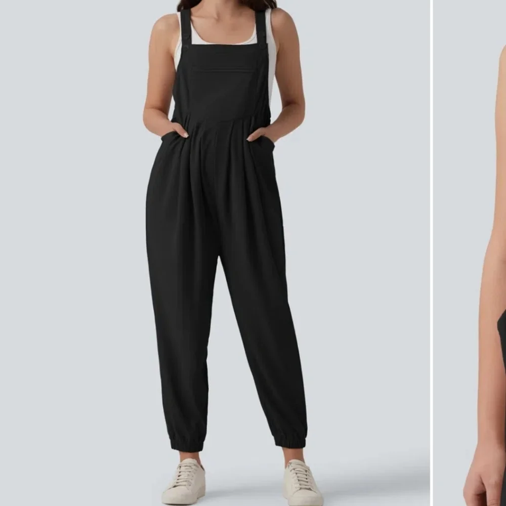 Halara Waffle Casual Maternity Jogger Overalls with Pockets medium black - Picture 3 of 12